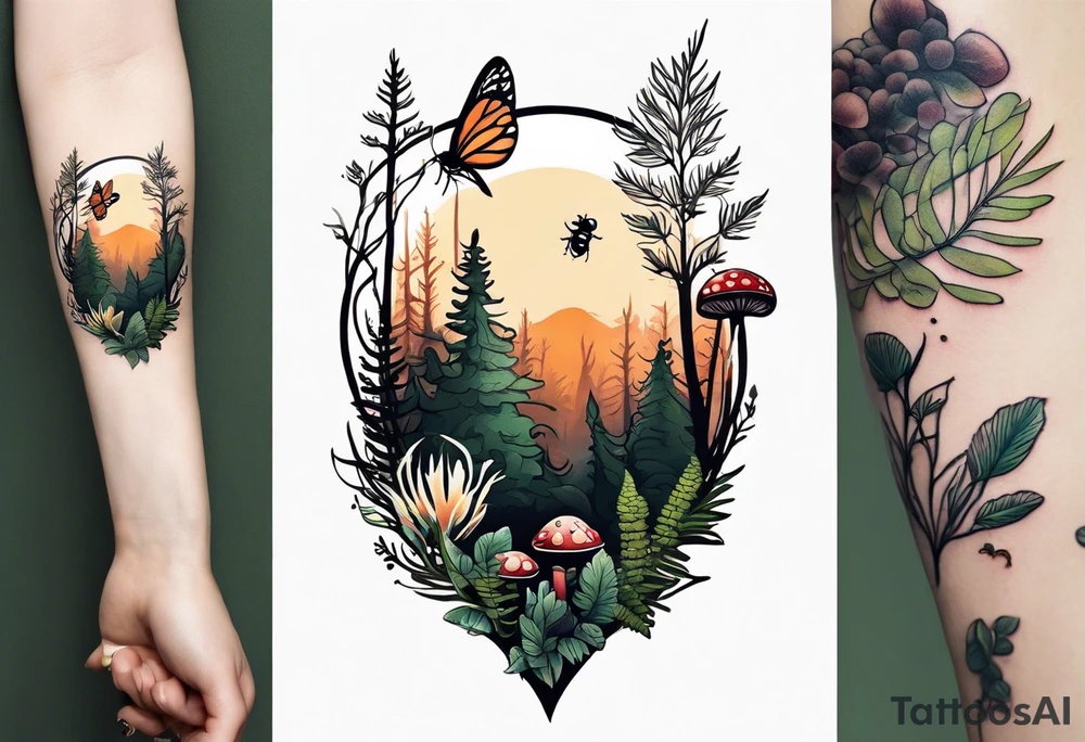 forest floor inspired minimalist tattoo, which includes grass, curly ferns, moss and dead leaves as the bulk of the tattoo. details to include: forest berries, a tiny bumblebee flying nearby, three small brown mushrooms
Generate a vertically long one tattoo idea