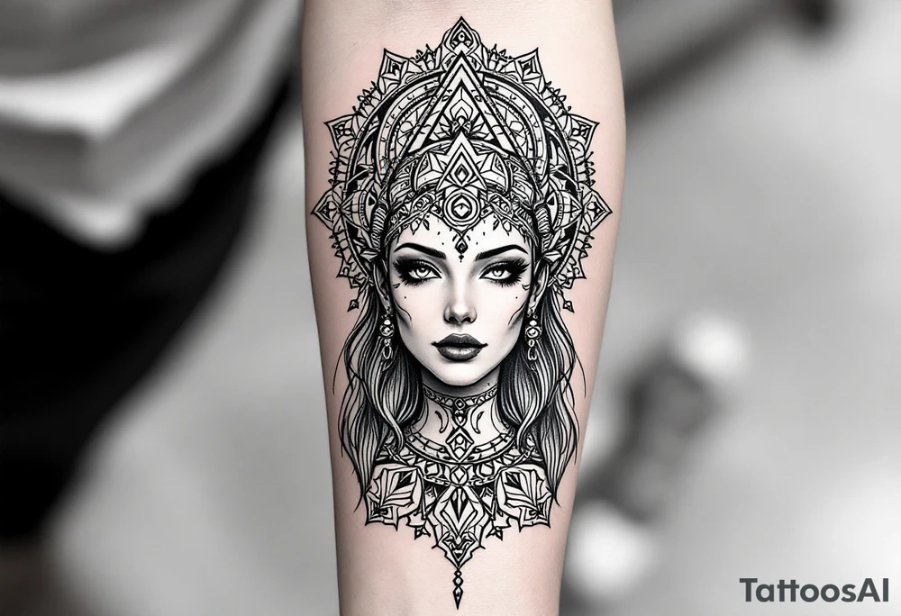 beautiful woman dmt deity with sacred geometric patterns behind head tattoo idea beautiful woman dmt deity with sacred geometric patterns behind head tattoo idea