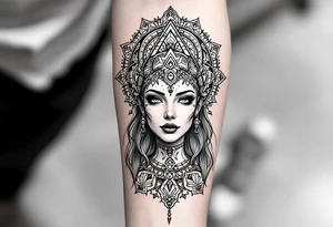 beautiful woman dmt deity with sacred geometric patterns behind head tattoo idea