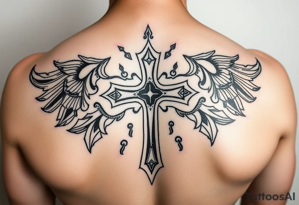 A cross  surrounded by Micronesian tribal for forearm tattoo idea