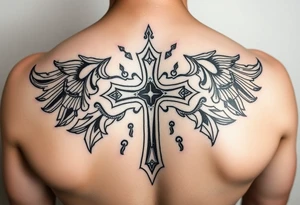 A cross  surrounded by Micronesian tribal for forearm tattoo idea