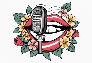 old school traditional vintage style design of lips singing into microphone with vintage flowers surrounding it tattoo idea