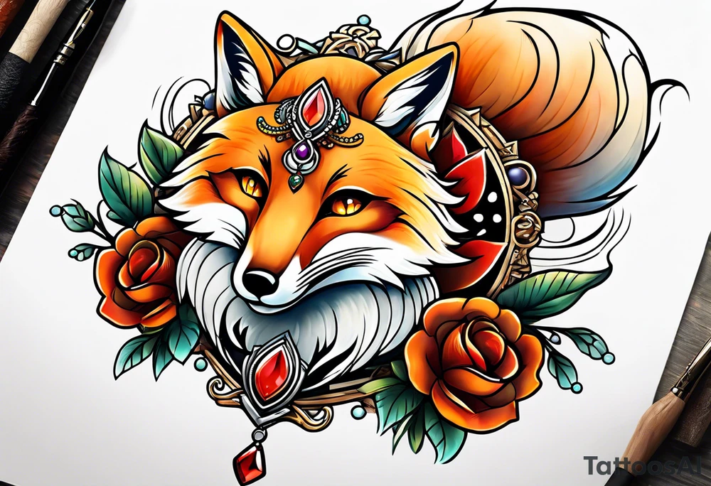 Neo traditional fox wearing jewelry tattoo idea