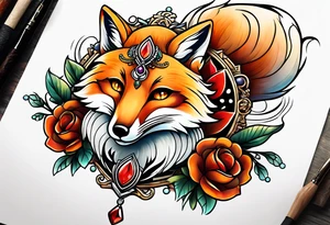 Neo traditional fox wearing jewelry tattoo idea