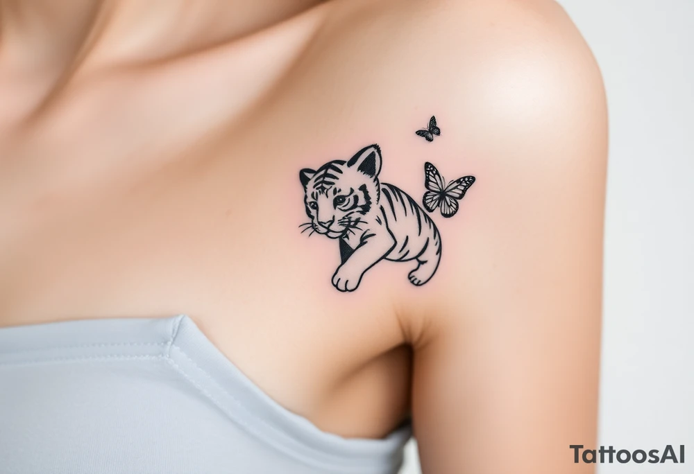 Tiger cub playing with butterflies tattoo idea