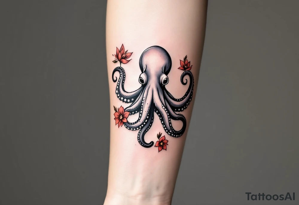 A small realistic black and grey tattoo of an octopus, cute, with detailed shading and soft linework, showing the octopus with swirling tentacles, on light skin. ornamental flowers around with red ink. The style is minimalistic and elegant, resembling fine-line tattoo with a shadow tattoo idea