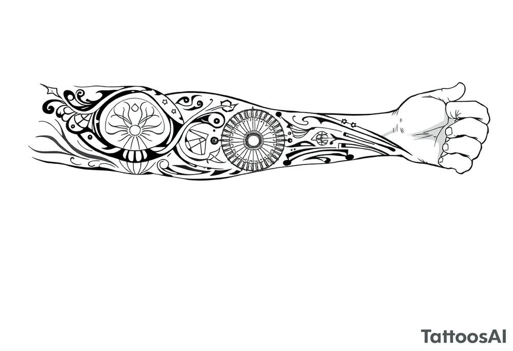 Sicilian Forearm tribal sleeve with patterns and symbols tattoo idea
