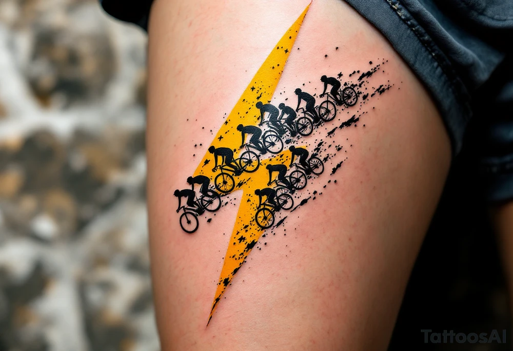 A peloton of cyclists forming a thunderbolt shape, with dynamic black and yellow tones to represent energy and competition. tattoo idea