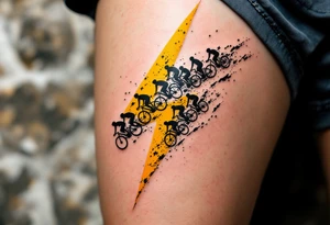 A peloton of cyclists forming a thunderbolt shape, with dynamic black and yellow tones to represent energy and competition. tattoo idea