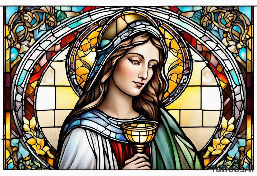 holy saint woman with halo stained glass holding a chalice tattoo idea