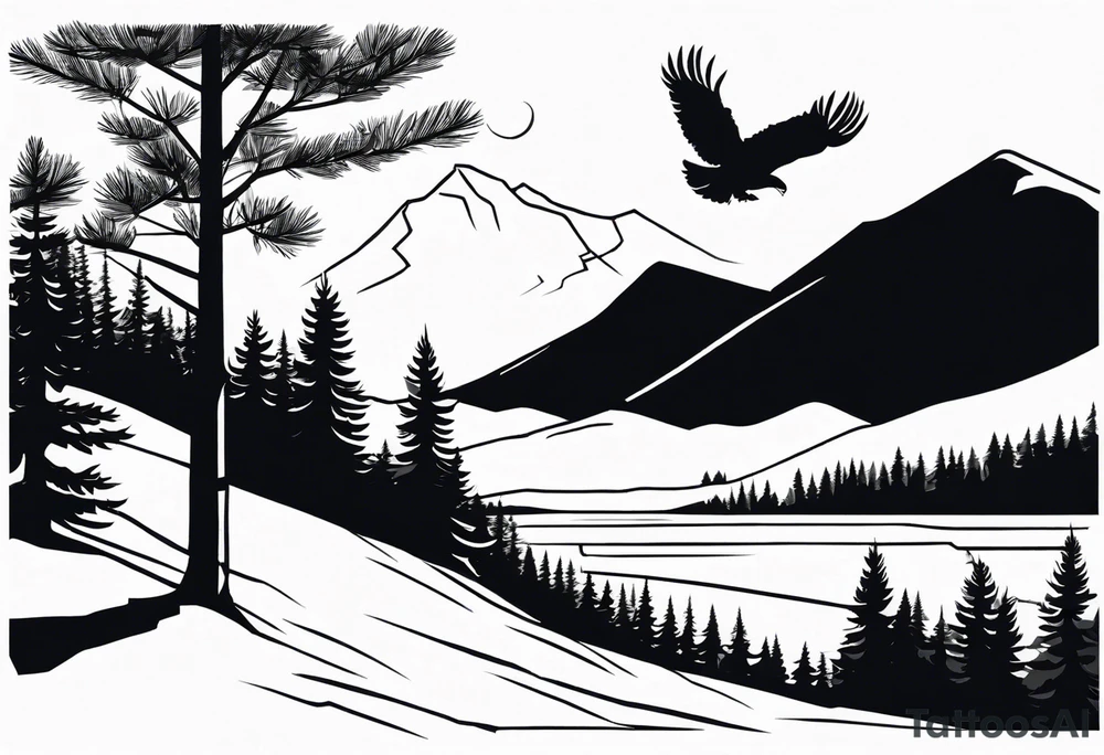 Black and white silhouette illustration of a a winter's night, with a mountain landscape in the background. An eagle is flying in the sky, depicted in bold black lines. A large pine tree stands in the left foreground, outlined simply. The window frame and scenery are drawn with minimal detail, focusing on the shapes and silhouette of the eagle and tree, with a serene, tranquil atmosphere in the composition. tattoo idea
