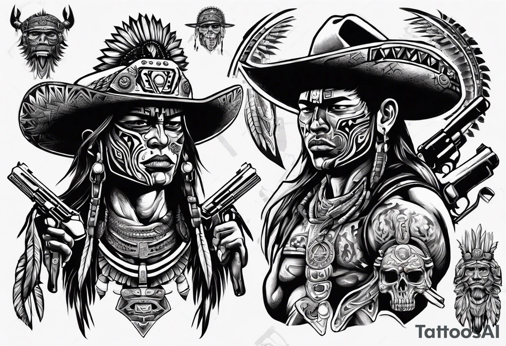 Aztec warrior with cowboy hat holding a gun tattoo idea