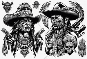 Aztec warrior with cowboy hat holding a gun tattoo idea