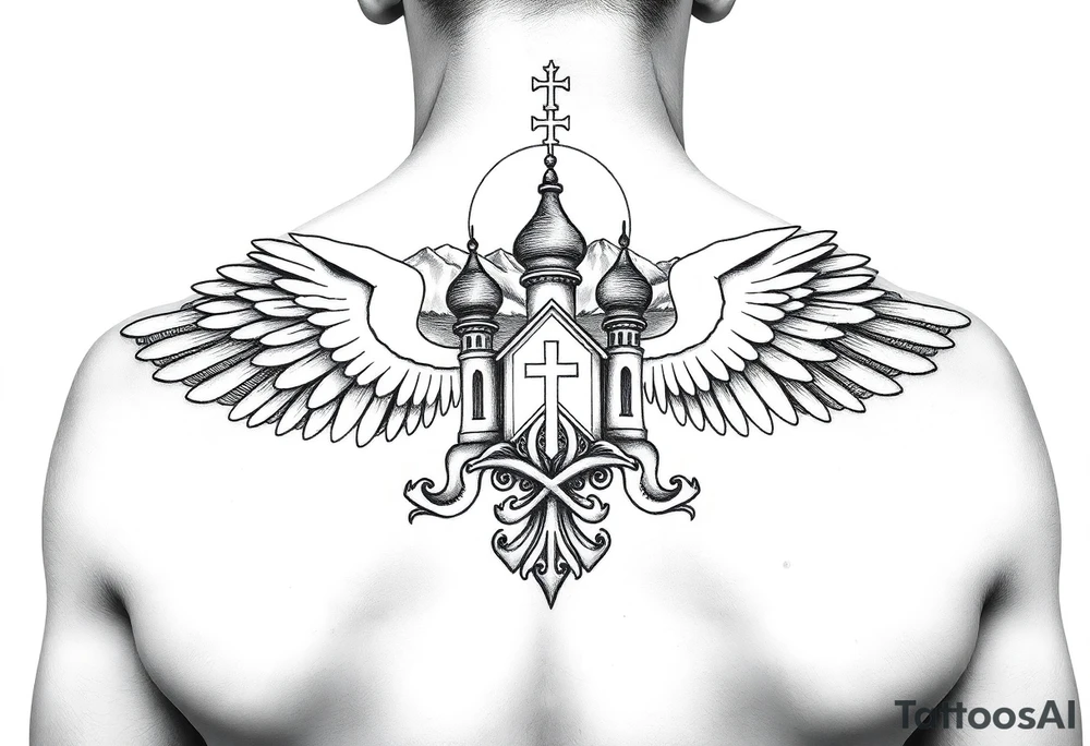 russian coat of arms with both heads visible & wings spanning out on my back neck across on to my shoulders with an orthodox christian church being visible in a mountainous sun beaming setting, with the russian orthodox cross spire of the orthodox church being visible on my neck with a sun beaming in the background that the cross sits inside tattoo idea