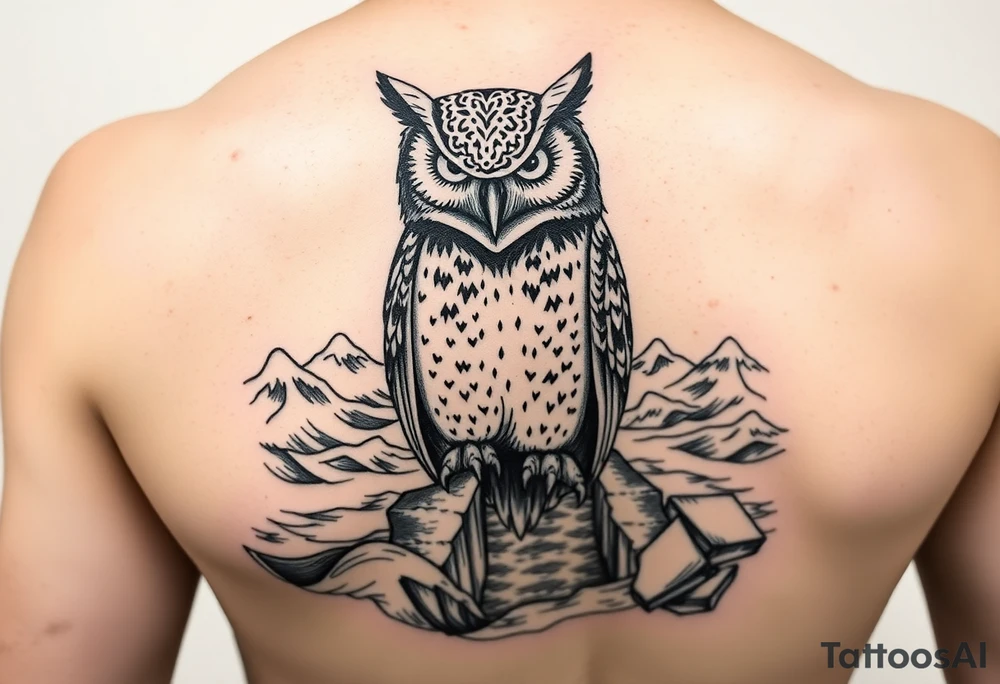 Masked owl overlooking a trench with waves in the background for the arm tattoo idea