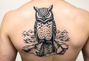 Masked owl overlooking a trench with waves in the background for the arm tattoo idea
