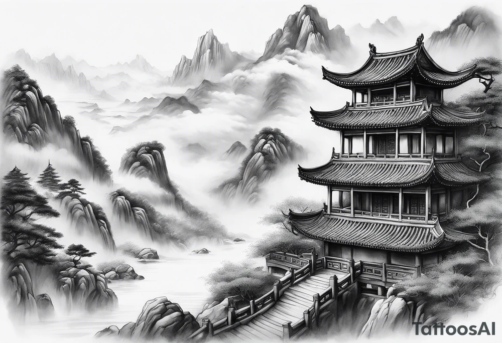 forearm sleeve traditional chinese art painting style autumn mountains mist fog water Chinese temple female with pony tail wearing robes seated meditating far away in the distance tattoo idea