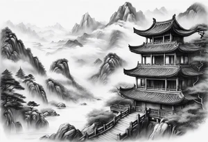 forearm sleeve traditional chinese art painting style autumn mountains mist fog water Chinese temple female with pony tail wearing robes seated meditating far away in the distance tattoo idea