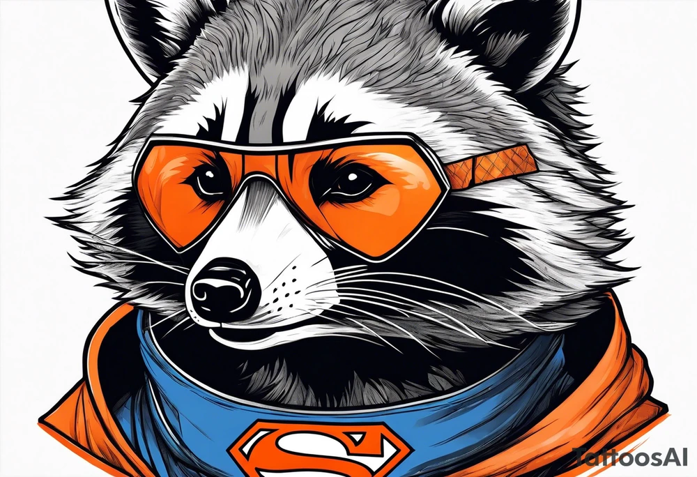 Raccoon wearing an orange Superman hoodie tattoo idea
