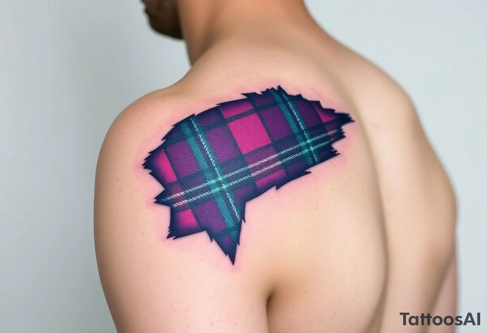 Side of arm Dark Purple with green pink blue and white highlights tartan fabric 
with skin ripping away at edges tattoo idea