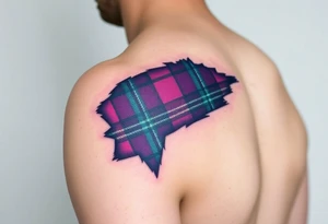 Side of arm Dark Purple with green pink blue and white highlights tartan fabric 
with skin ripping away at edges tattoo idea