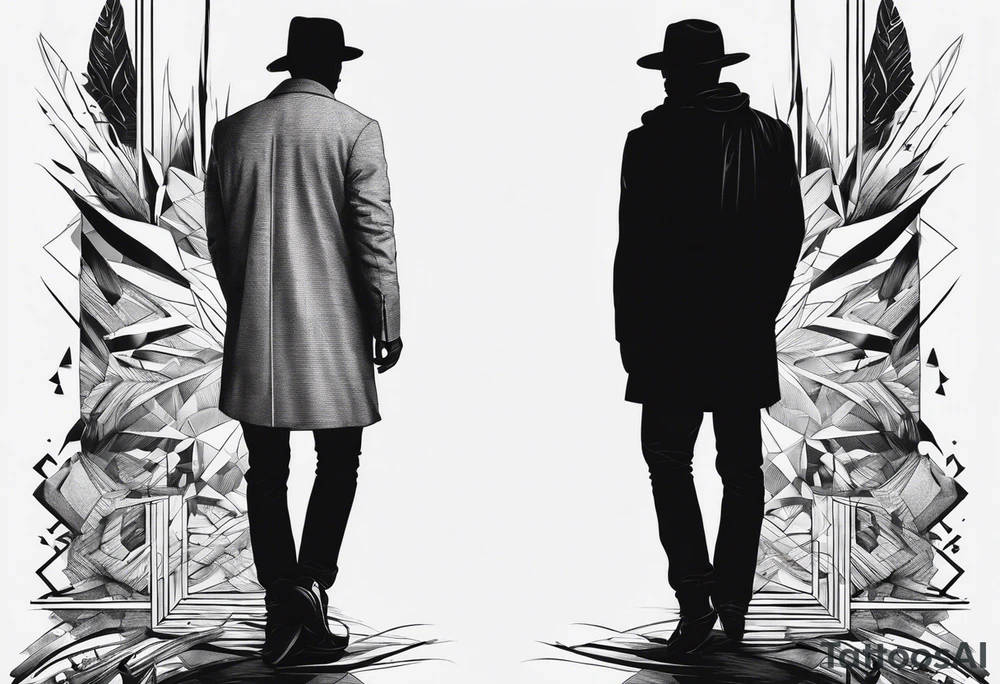 2 black shadows of people standing over 2 black shadows of murdered people tattoo idea