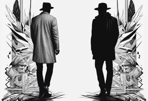 2 black shadows of people standing over 2 black shadows of murdered people tattoo idea