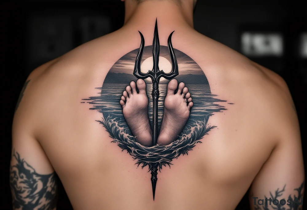 barefeet behind trident with water and sunset tattoo idea