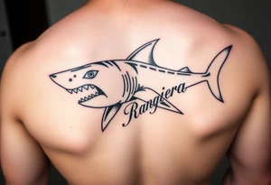 tribal hammer head shark with Rangiroa text on the back tattoo idea