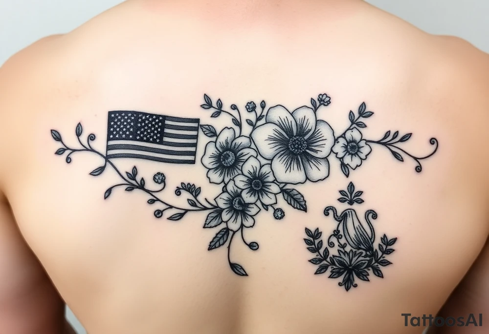 Small, feminine tattoo for placement on my clavical or lower back that reflects new life journey, delicate florals, ornaments and vines. Include U.S and Mexican flags and images of Mexican flowers. Style as if painted on a Mexican tile and include red, green and blue accents. Add color the bottom right design above tattoo idea