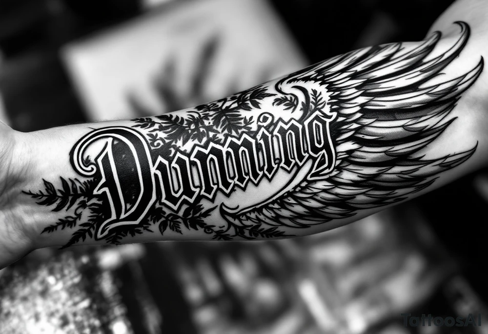 Dunning,on left forearm details include angel wing, greek type of font,jungle leaves , tiger claw scratch tattoo idea