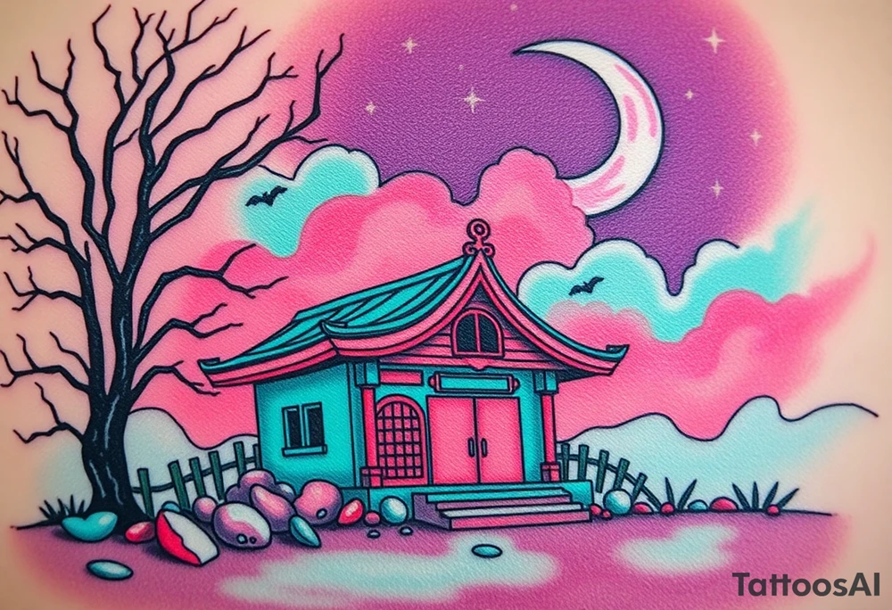 Tim Burton’s haunted pastel toykyo shrine is abandoned and dripping with muted reds, dusty pinks, and eerie green glow.purple and cyan smokey clouds swirl in the crescent moonlit sky thats sprinkled with stars tattoo idea tattoo idea