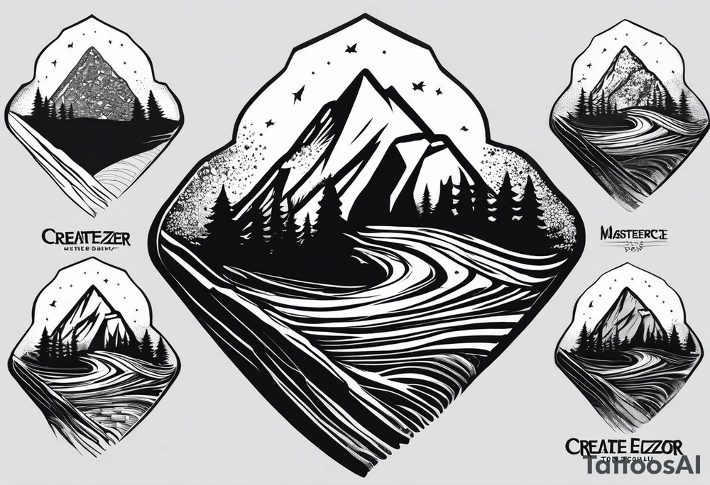 Create a tattoo of a flat topped rock Ebenezer with a base under the ground line that is pointed and deep, surrounded by freshly tilled and raked soil ready to be planted and under ground in front of the rock, a seed planted and pushing through the soil tattoo idea