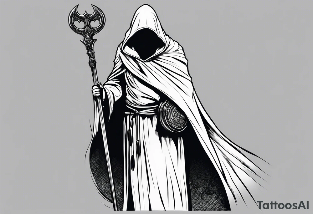 Hooded figure with no face carrying staff and wearing a long tattered cloak tattoo idea