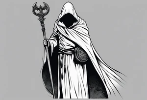 Hooded figure with no face carrying staff and wearing a long tattered cloak tattoo idea