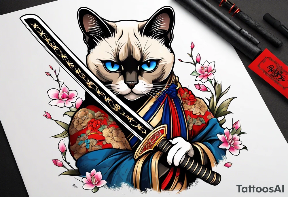 A siamese cat holding a katana tattoo idea