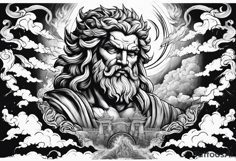 Zeus with a lightning bolt on clouds and Hades in hell below tattoo idea Zeus with a lightning bolt on clouds and Hades in hell below tattoo idea