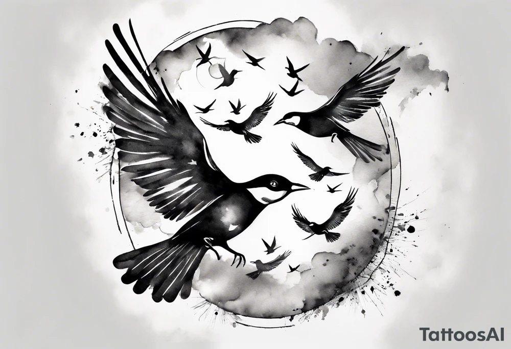 shoulder tattoo with light rays with birds flying free among the clouds, round shape, 3d effect tattoo idea