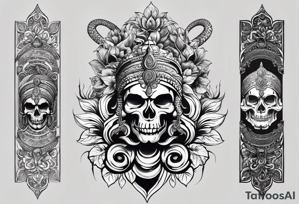 5. A combination of skulls and flowers on the upper arm, with Mahadev's face on the forearm, and a serpent or snake (representing rebirth) wrapping around the arm. shree lord shankar in between, and upper side skull with snakes tattoo idea