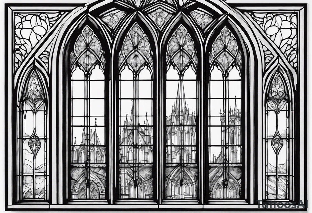 gothic, cathedral style window with intricate detail of windowsill, blacked out panes, long and skinny. Has to fit on back of arm tattoo idea