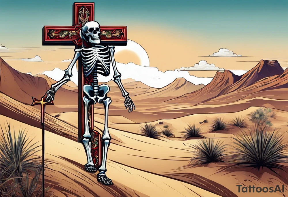 skeleton walking with a cross in a desert tattoo idea