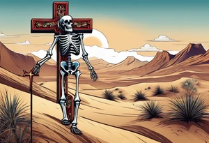 skeleton walking with a cross in a desert tattoo idea
