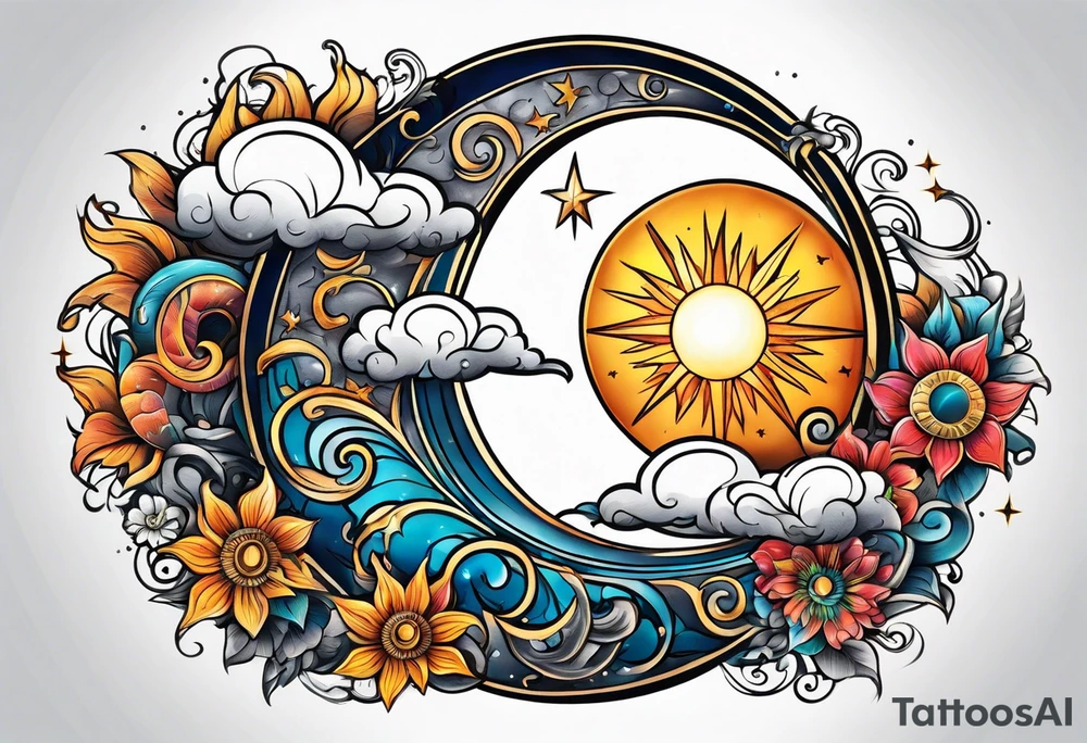 Sun and moon seen behind clouds tattoo idea