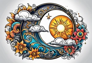 Sun and moon seen behind clouds tattoo idea