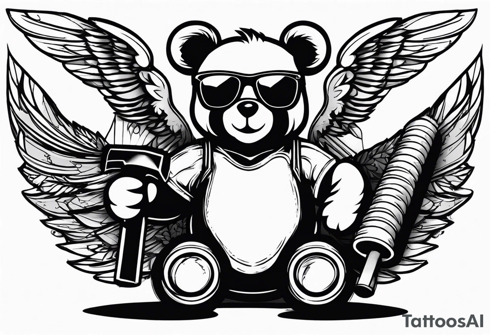 Teddy bear with wings wearing big sunglasses holding a sledgehammer tattoo idea