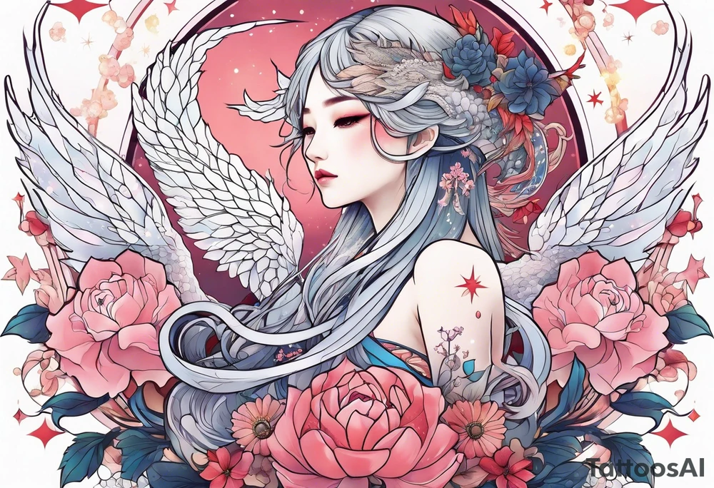 Constellation, wing , snow , cross , dragon female japan kawaii , flower tattoo idea