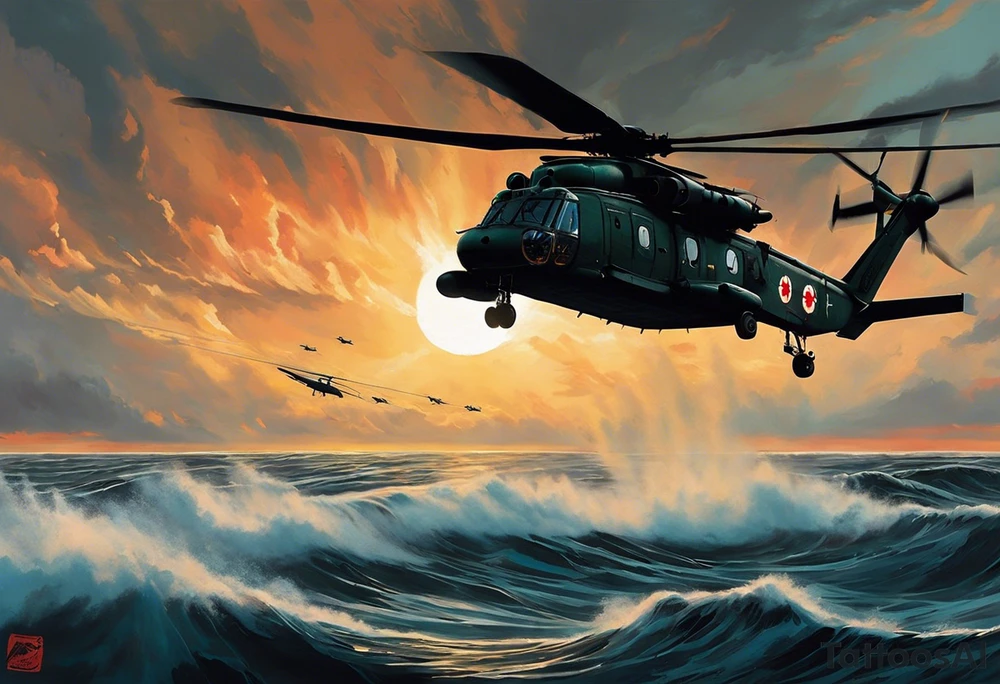 A cinematic-style tattoo depicting a Canadian military CH-148 Cyclone helicopter performing a daring maneuver over a turbulent ocean. The sky should be filled with dramatic clouds, and the sun should be setting, casting long shadows. The helicopter should be the main focus, with intricate details and a sense of motion. In the background, a poppy should be prominently displayed, and a quote from 'Lest We Forget' should be included, black and white tattoo idea