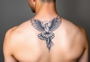 Feminine fine line, incorporating a phoenix, a ballet dancer and a Japanese symbol tattoo idea