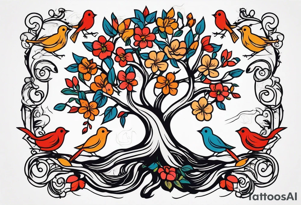 tree with roots and birds


old school vintage simple traditional design with vintage flowers surrounding
bold color simple tattoo idea