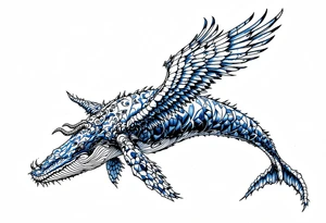 A hieroglyphic, depicting an ancient and gargantuan Blue whale with horns protruding from its forehead and wings that resemble that of a falcons tattoo idea